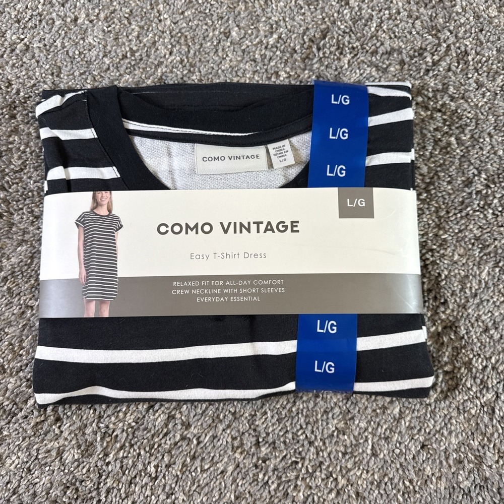 Como Vintage Women's Easy T-Shirt Dress Black & White Striped Size L New